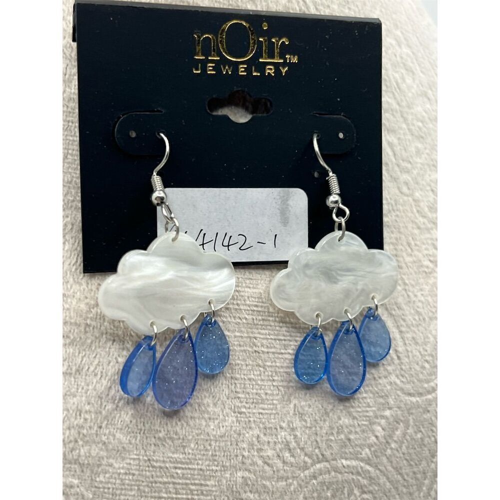 nOir Jewelry White and Blue Rain Cloud Dangle Earrings Hook Closure O28 - Picture 3 of 5